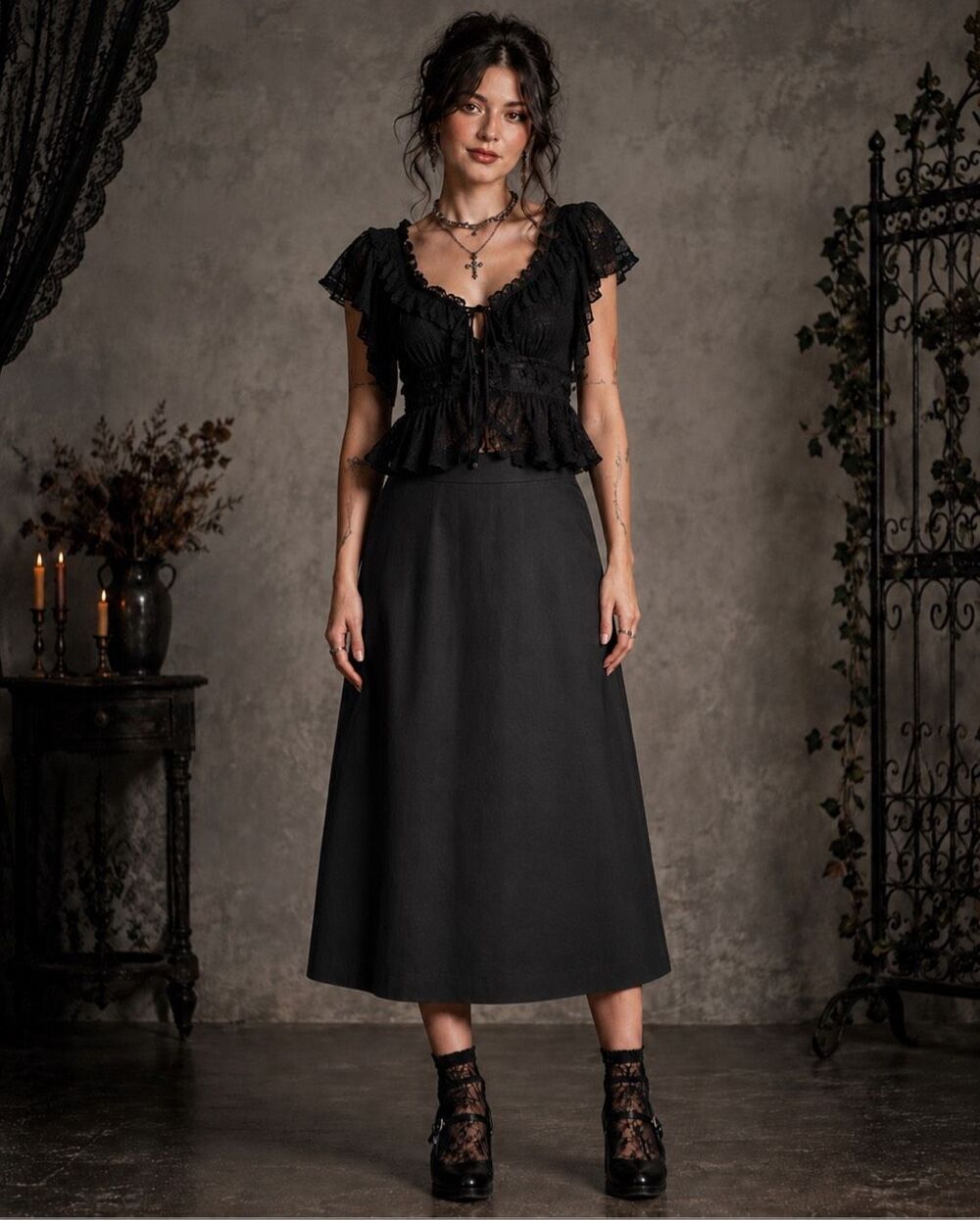 Jessica London Sz 14 Black Linen Rayon Midi Skirt Elastic Waist Slit Lined Goth